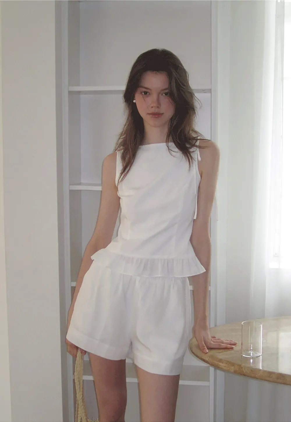 Ruffled Hem Sleeveless Top and Drawstring Waist Shorts