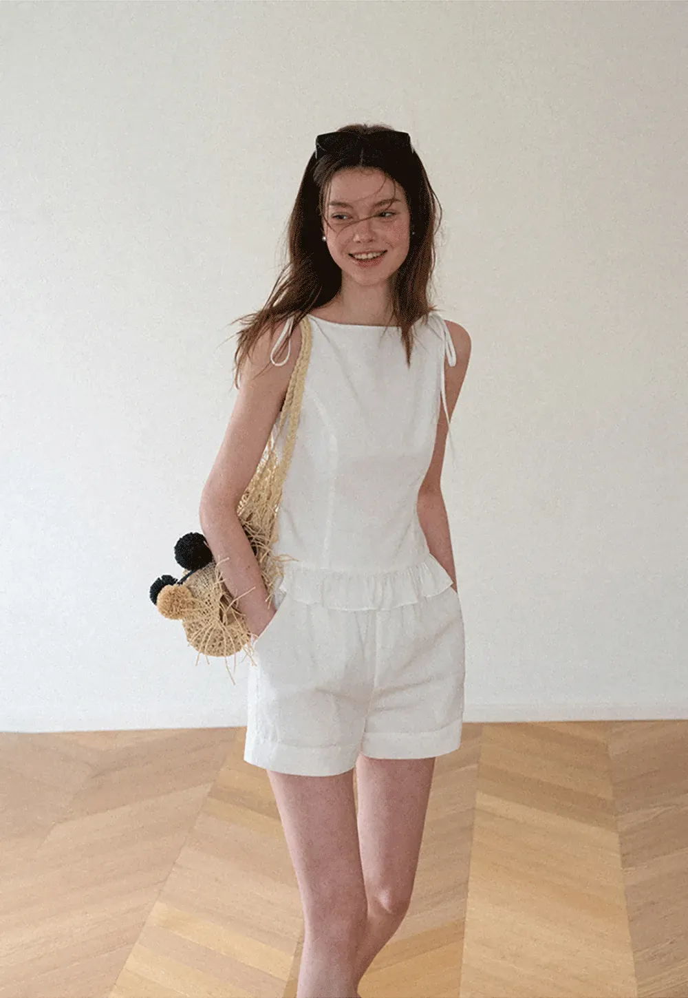 Ruffled Hem Sleeveless Top and Drawstring Waist Shorts