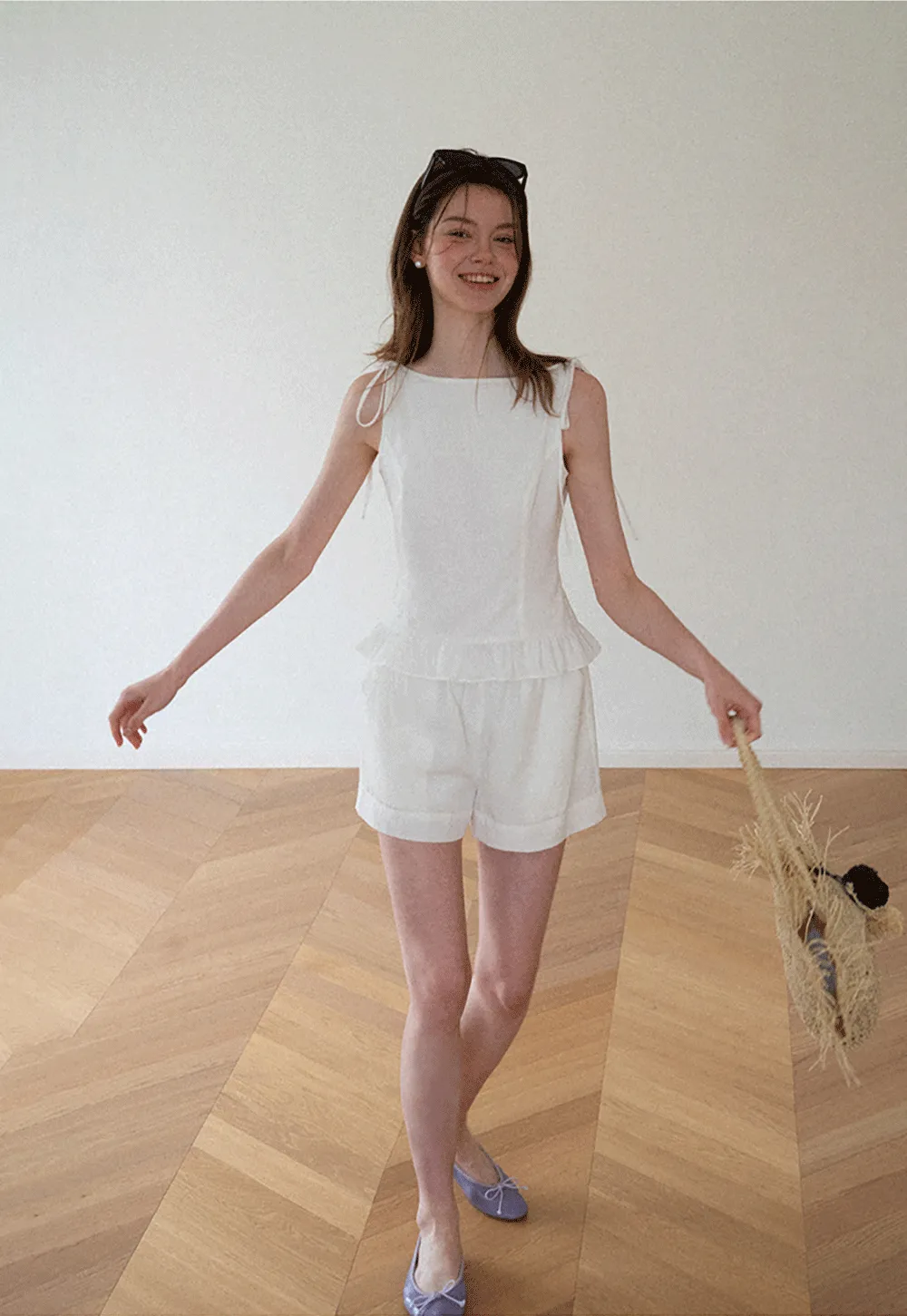 Ruffled Hem Sleeveless Top and Drawstring Waist Shorts
