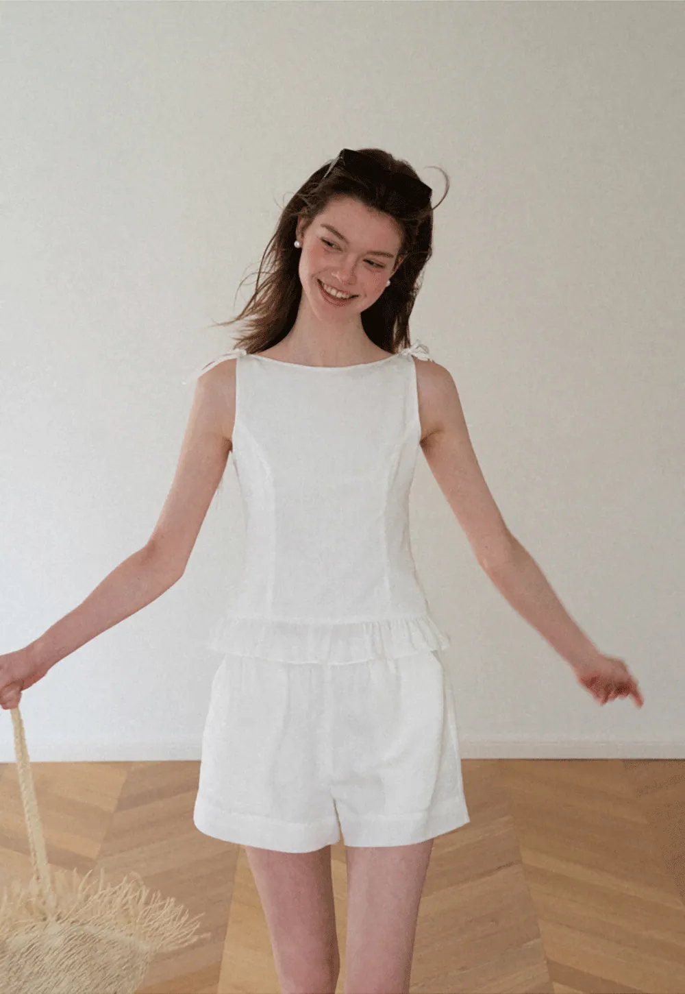 Ruffled Hem Sleeveless Top and Drawstring Waist Shorts