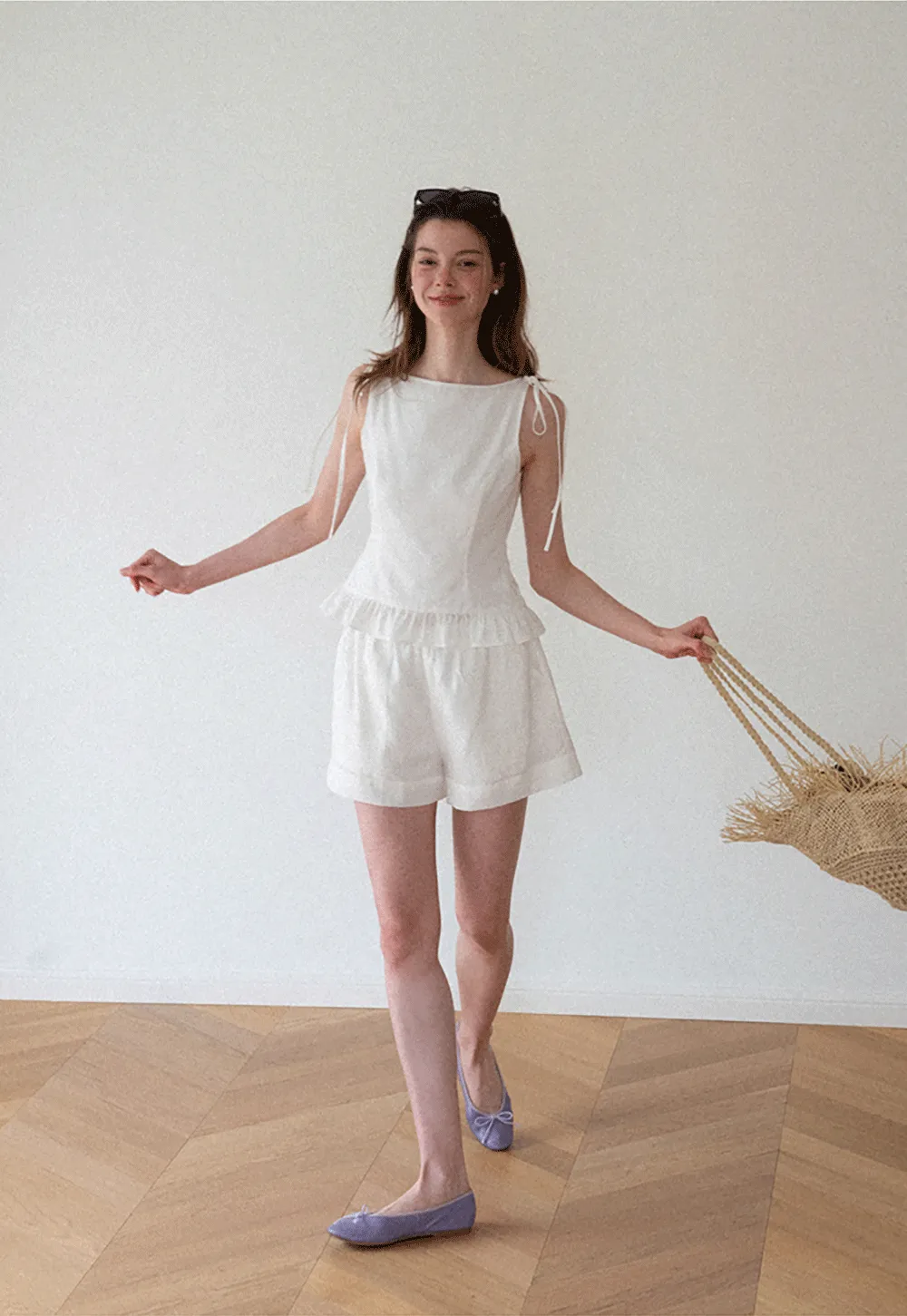 Ruffled Hem Sleeveless Top and Drawstring Waist Shorts