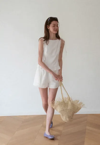 Ruffled Hem Sleeveless Top and Drawstring Waist Shorts