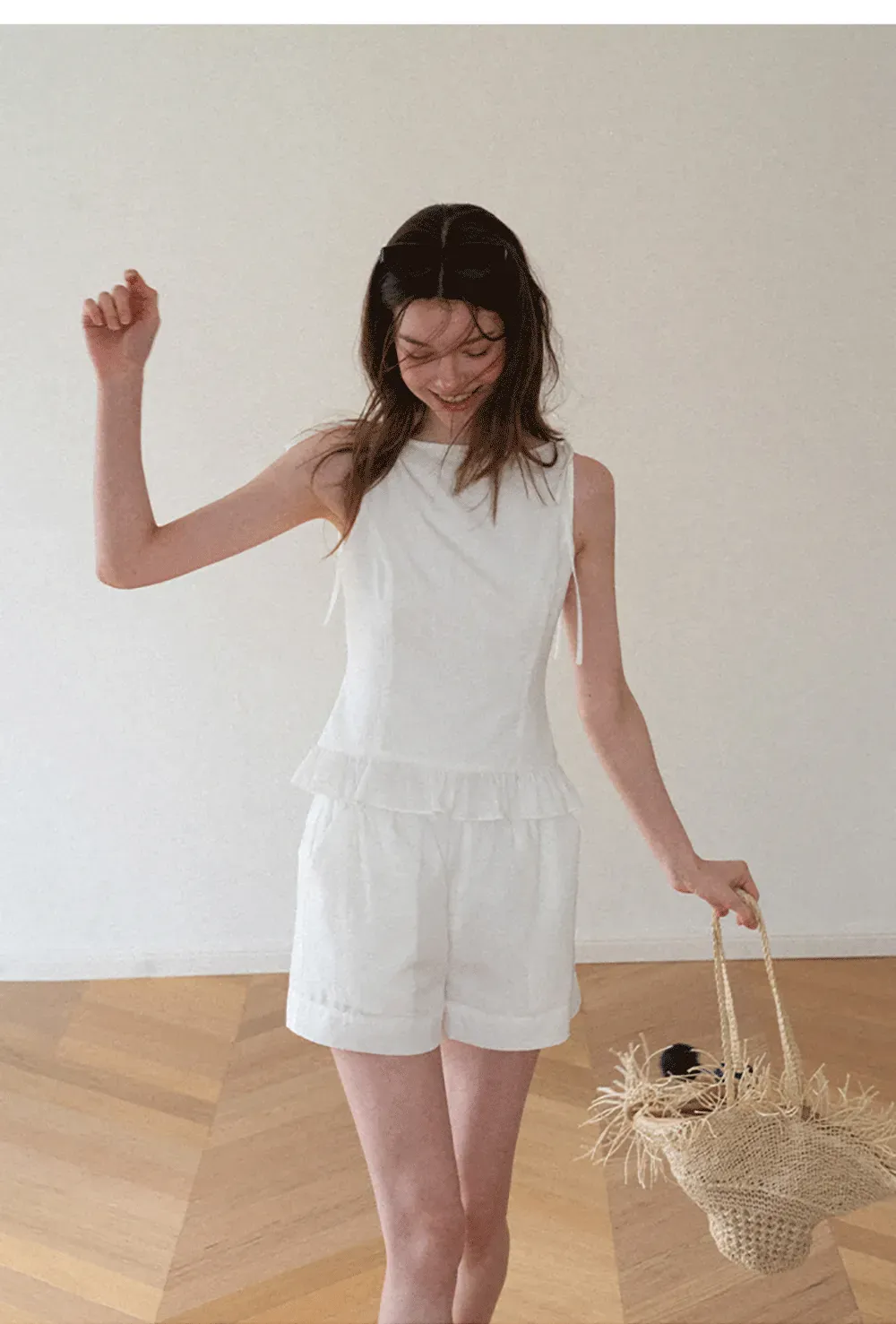 Ruffled Hem Sleeveless Top and Drawstring Waist Shorts