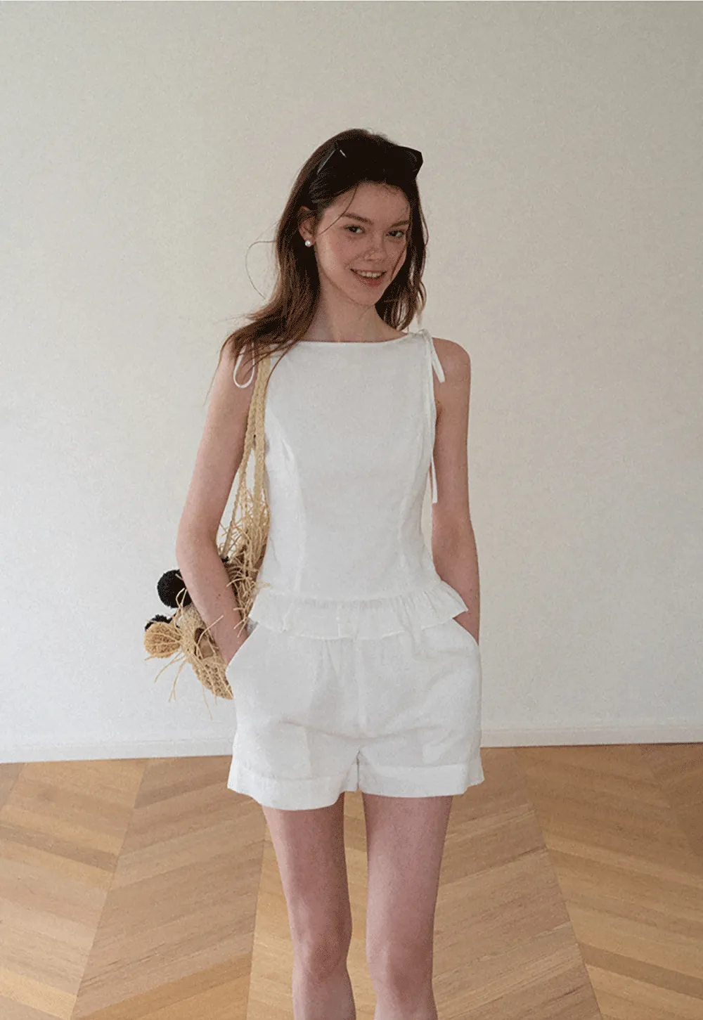Ruffled Hem Sleeveless Top and Drawstring Waist Shorts