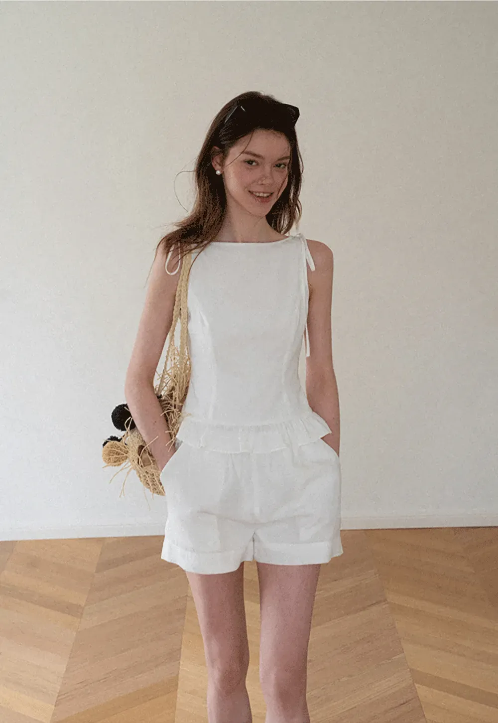 Ruffled Hem Sleeveless Top and Drawstring Waist Shorts