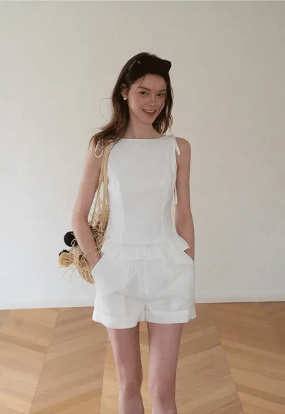 Ruffled Hem Sleeveless Top and Drawstring Waist Shorts