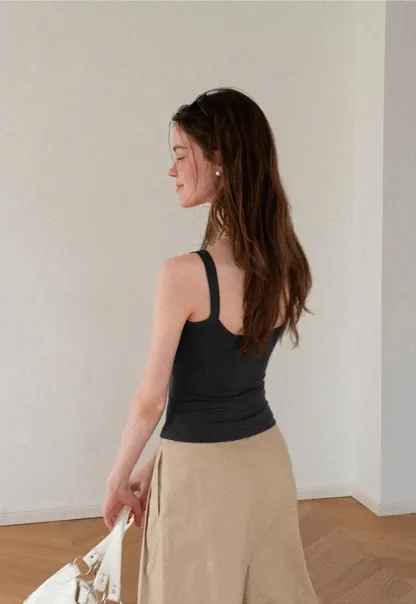 Cropped Square Neck Ribbed Knit Tank Top