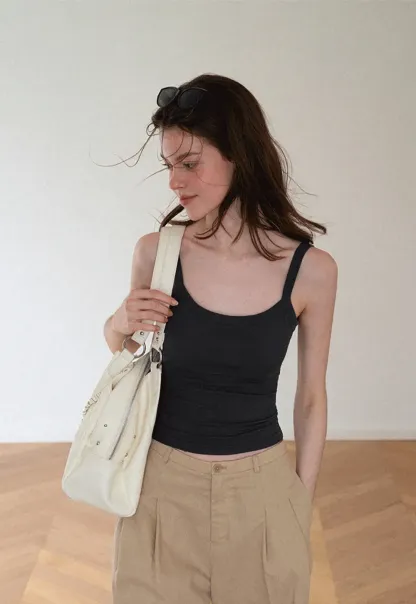 Cropped Square Neck Ribbed Knit Tank Top