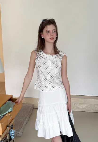 Polka Dot Sleeveless Top with Lace Collar