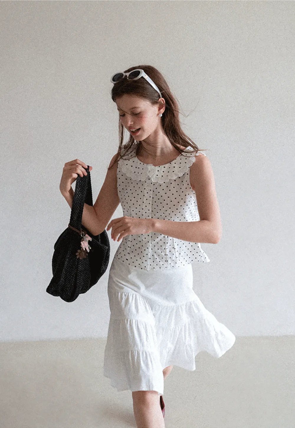 Polka Dot Sleeveless Top with Lace Collar