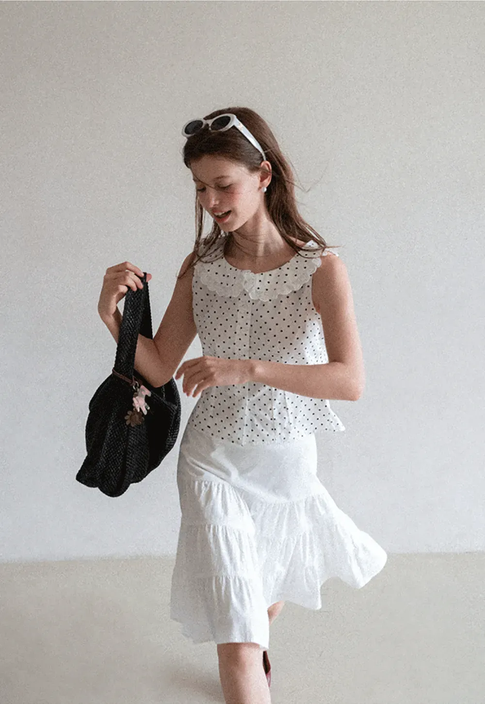 Polka Dot Sleeveless Top with Lace Collar