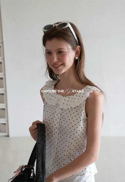 Polka Dot Sleeveless Top with Lace Collar