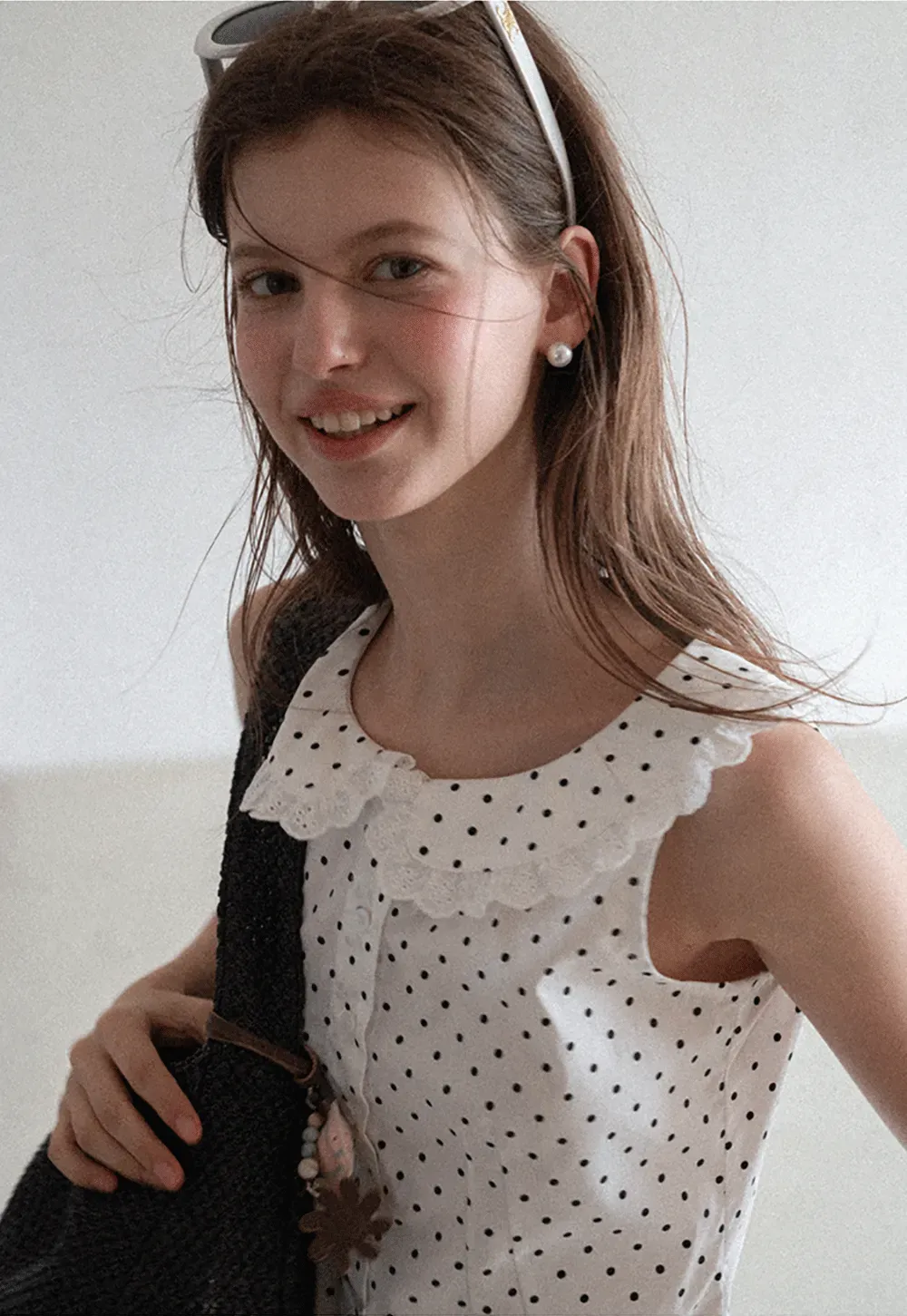 Polka Dot Sleeveless Top with Lace Collar
