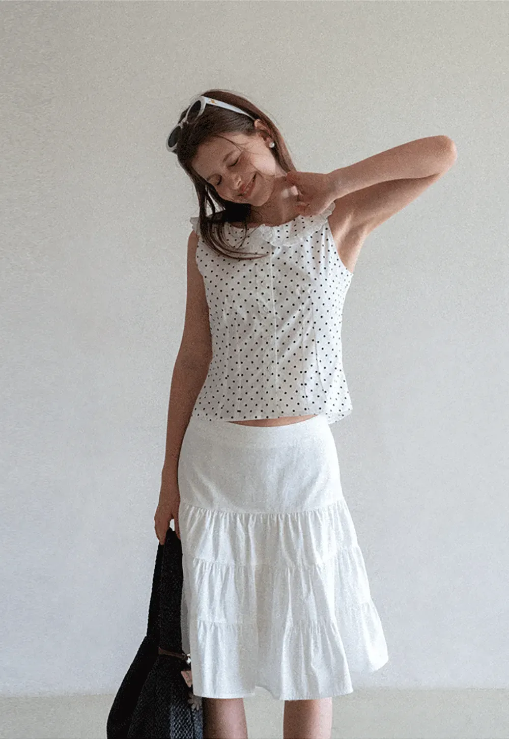Polka Dot Sleeveless Top with Lace Collar