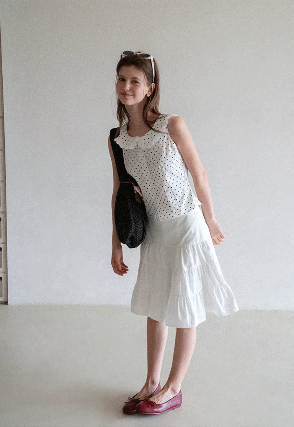 Polka Dot Sleeveless Top with Lace Collar