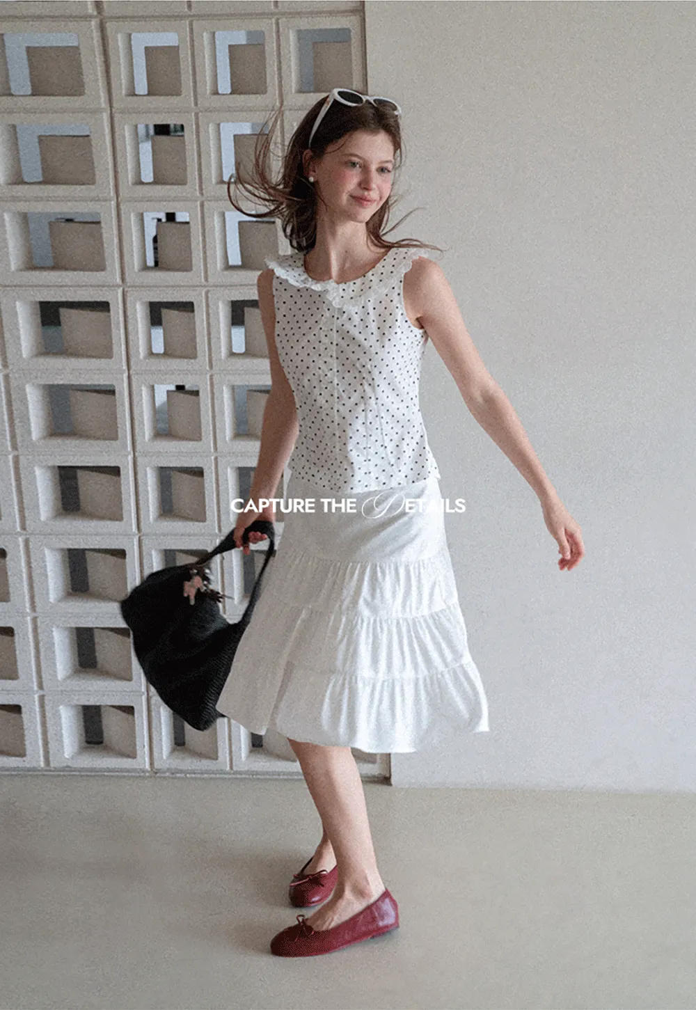 Polka Dot Sleeveless Top with Lace Collar