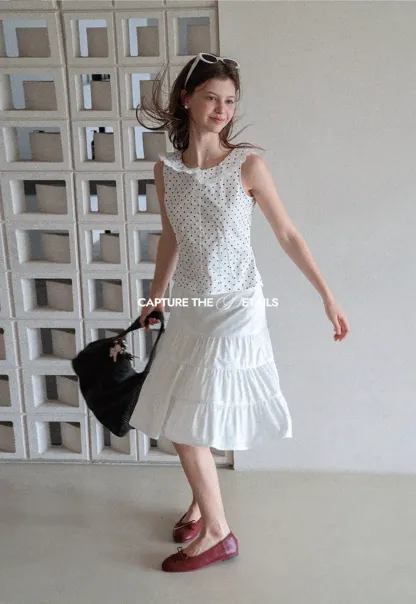 Polka Dot Sleeveless Top with Lace Collar