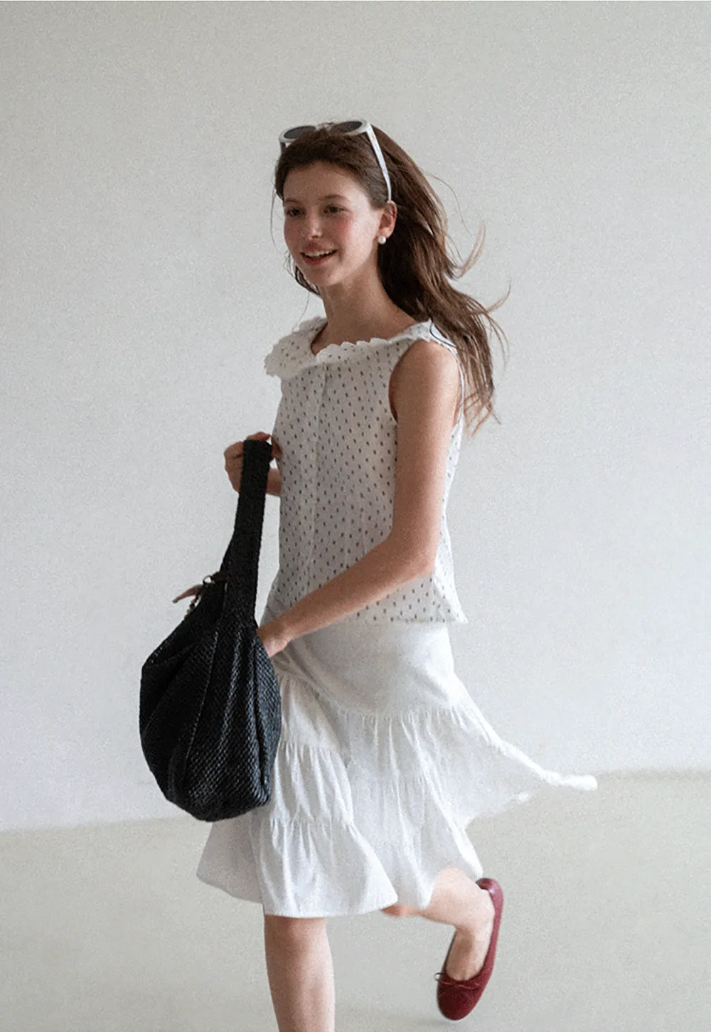 Polka Dot Sleeveless Top with Lace Collar