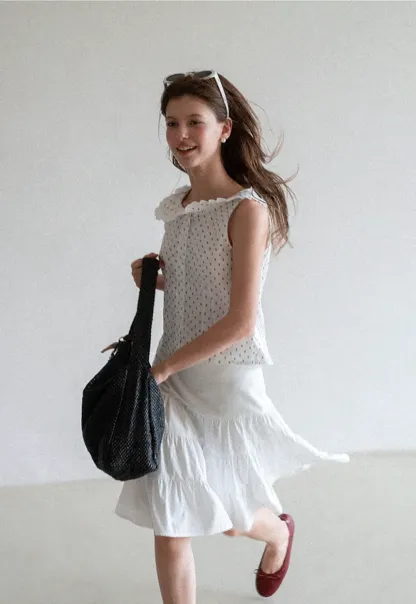 Polka Dot Sleeveless Top with Lace Collar
