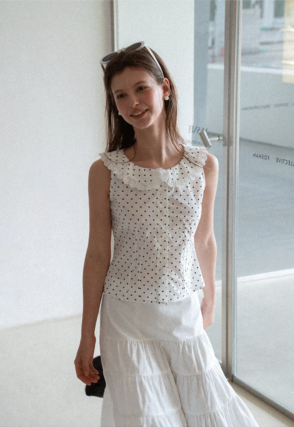 Polka Dot Sleeveless Top with Lace Collar