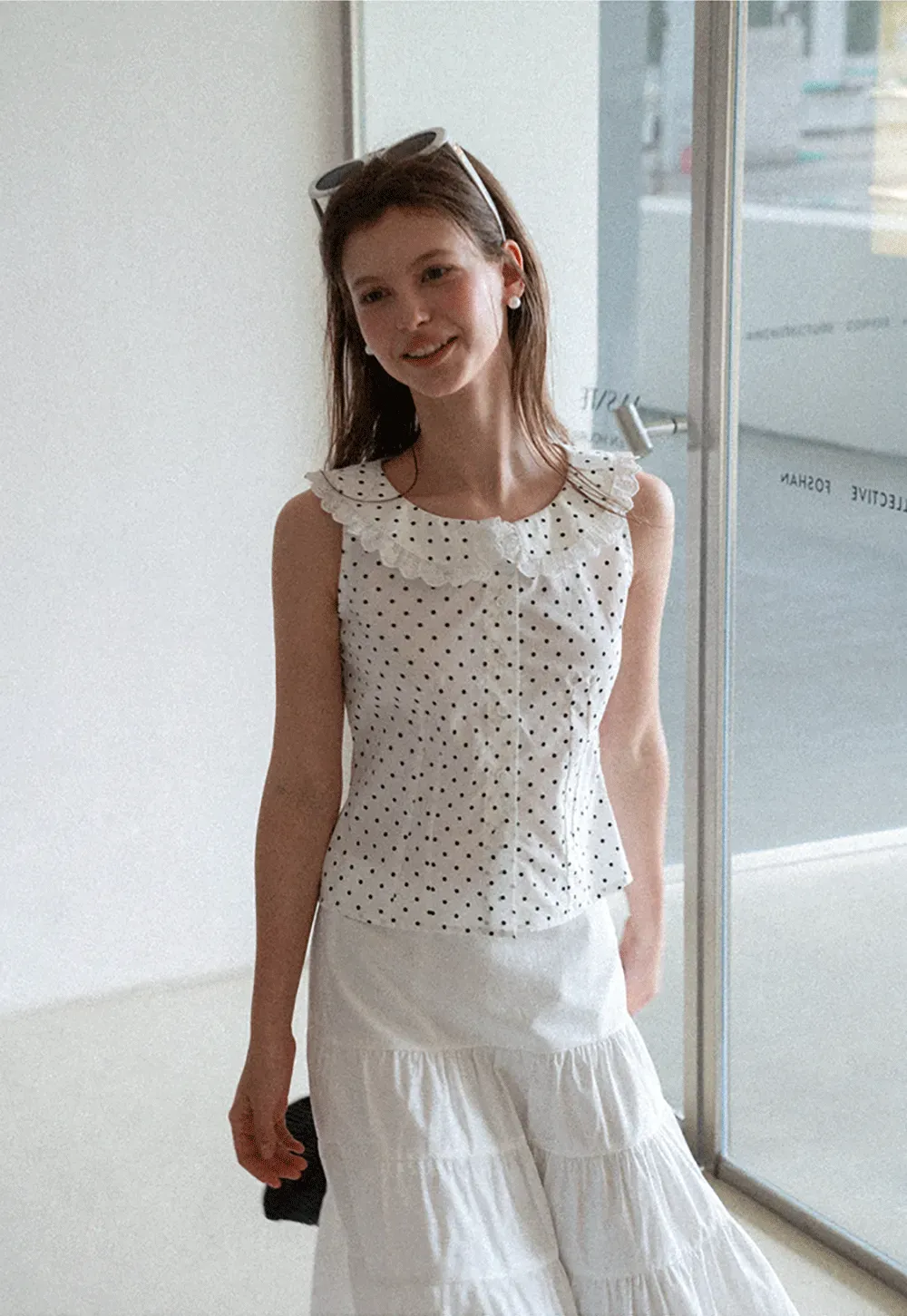 Polka Dot Sleeveless Top with Lace Collar