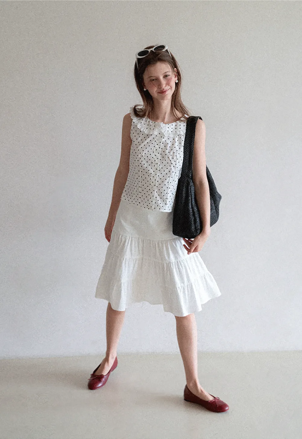 Polka Dot Sleeveless Top with Lace Collar