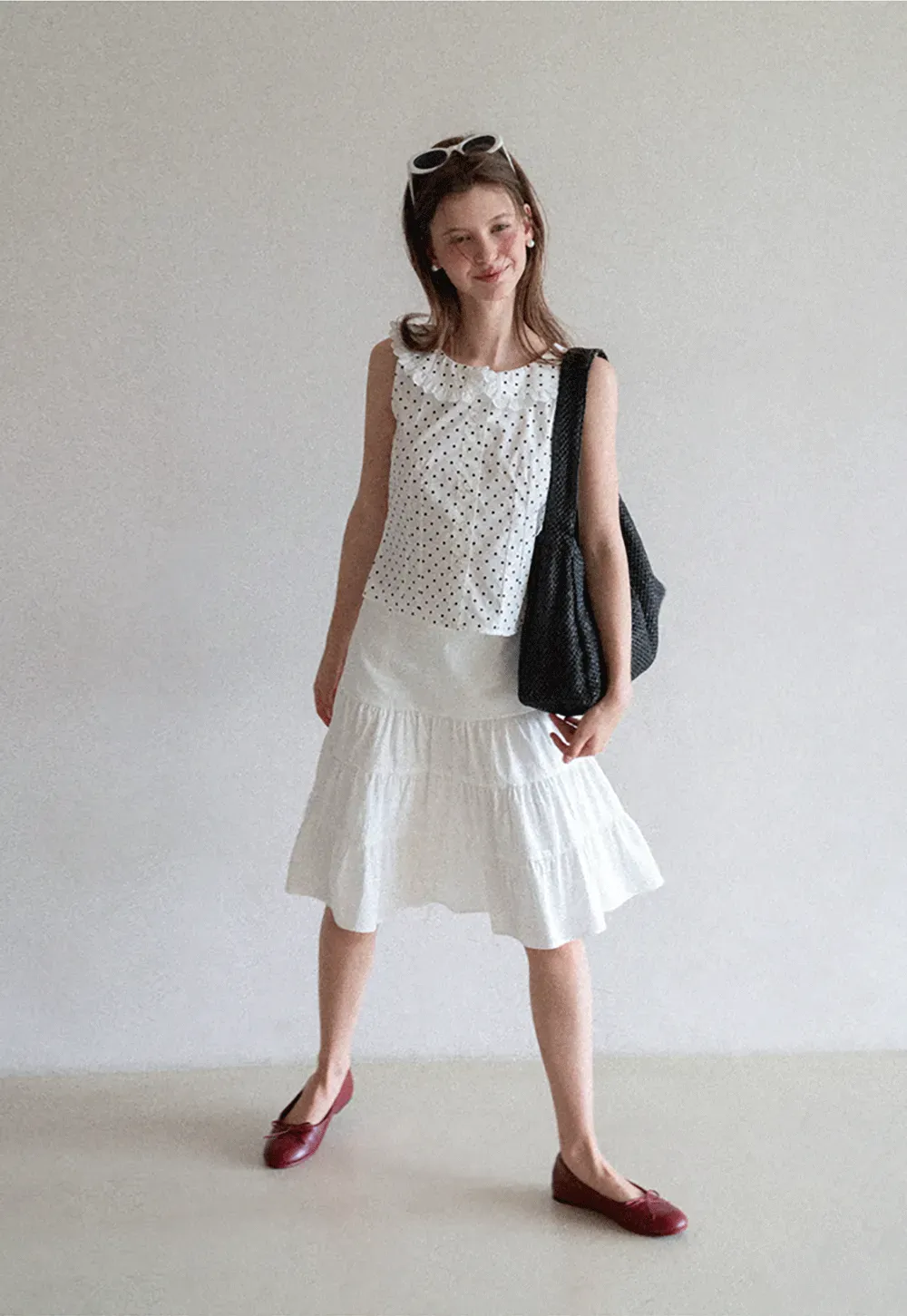 Polka Dot Sleeveless Top with Lace Collar