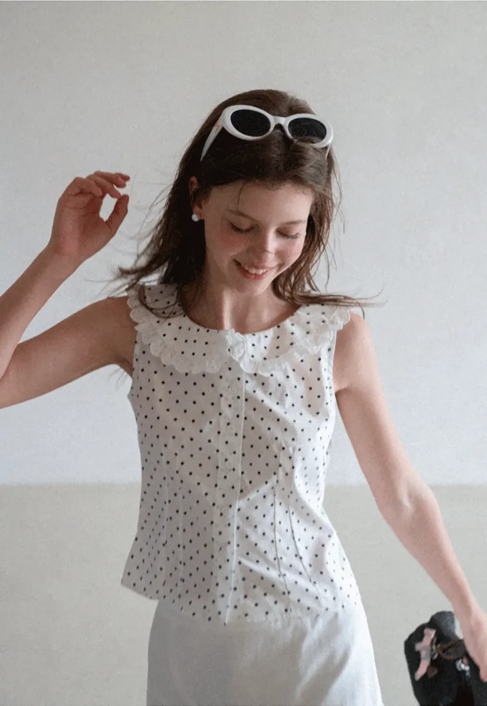 Polka Dot Sleeveless Top with Lace Collar