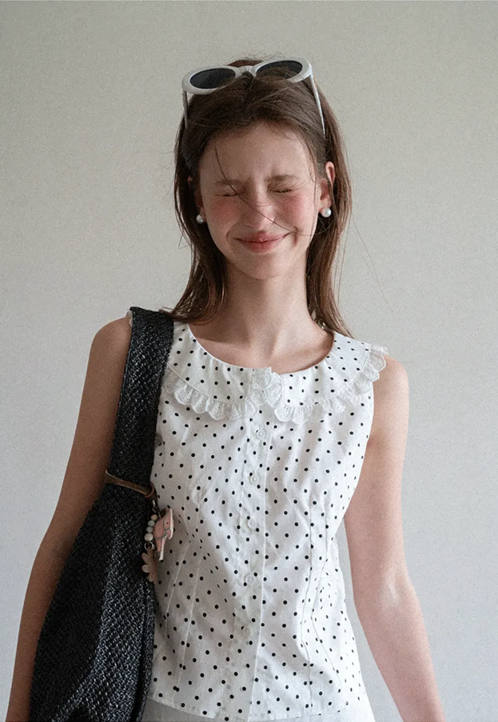 Polka Dot Sleeveless Top with Lace Collar