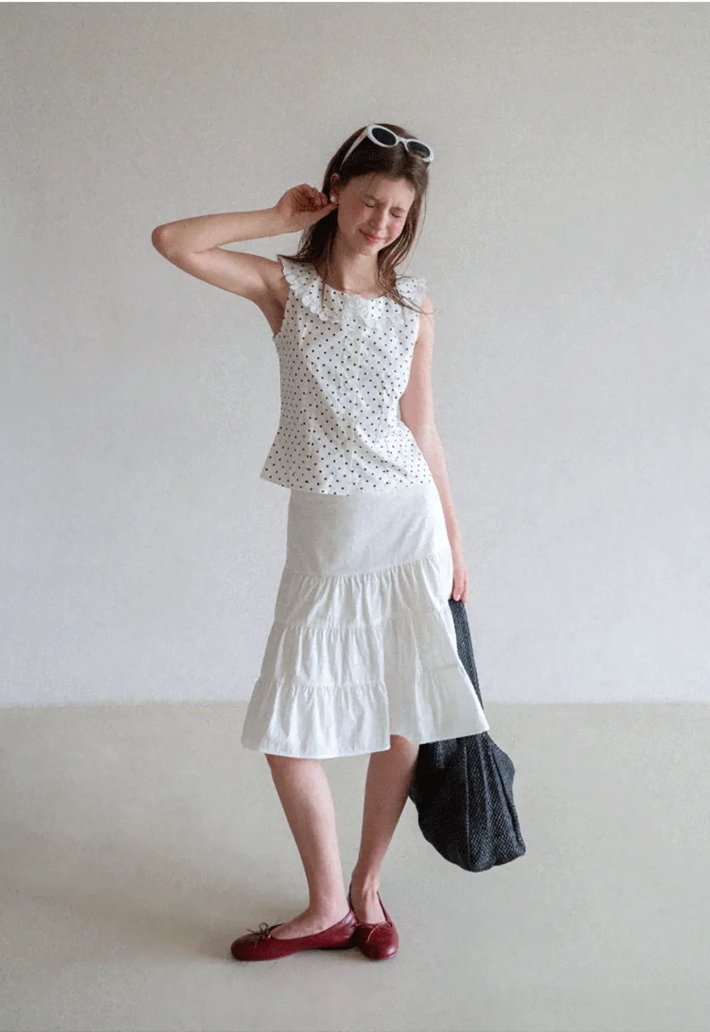 Polka Dot Sleeveless Top with Lace Collar