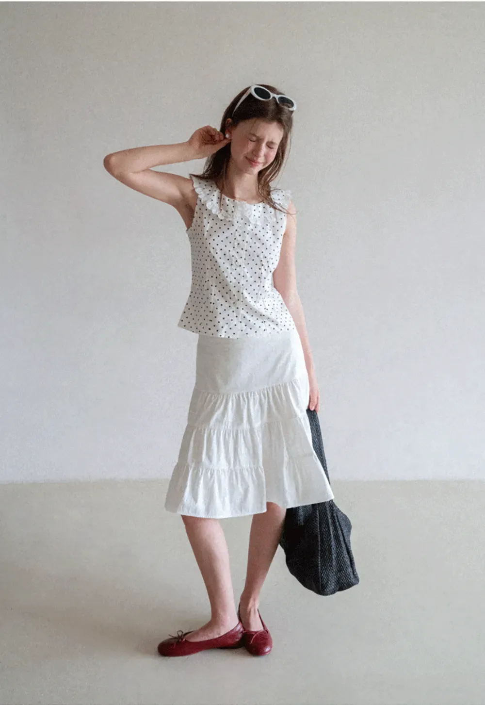 Polka Dot Sleeveless Top with Lace Collar