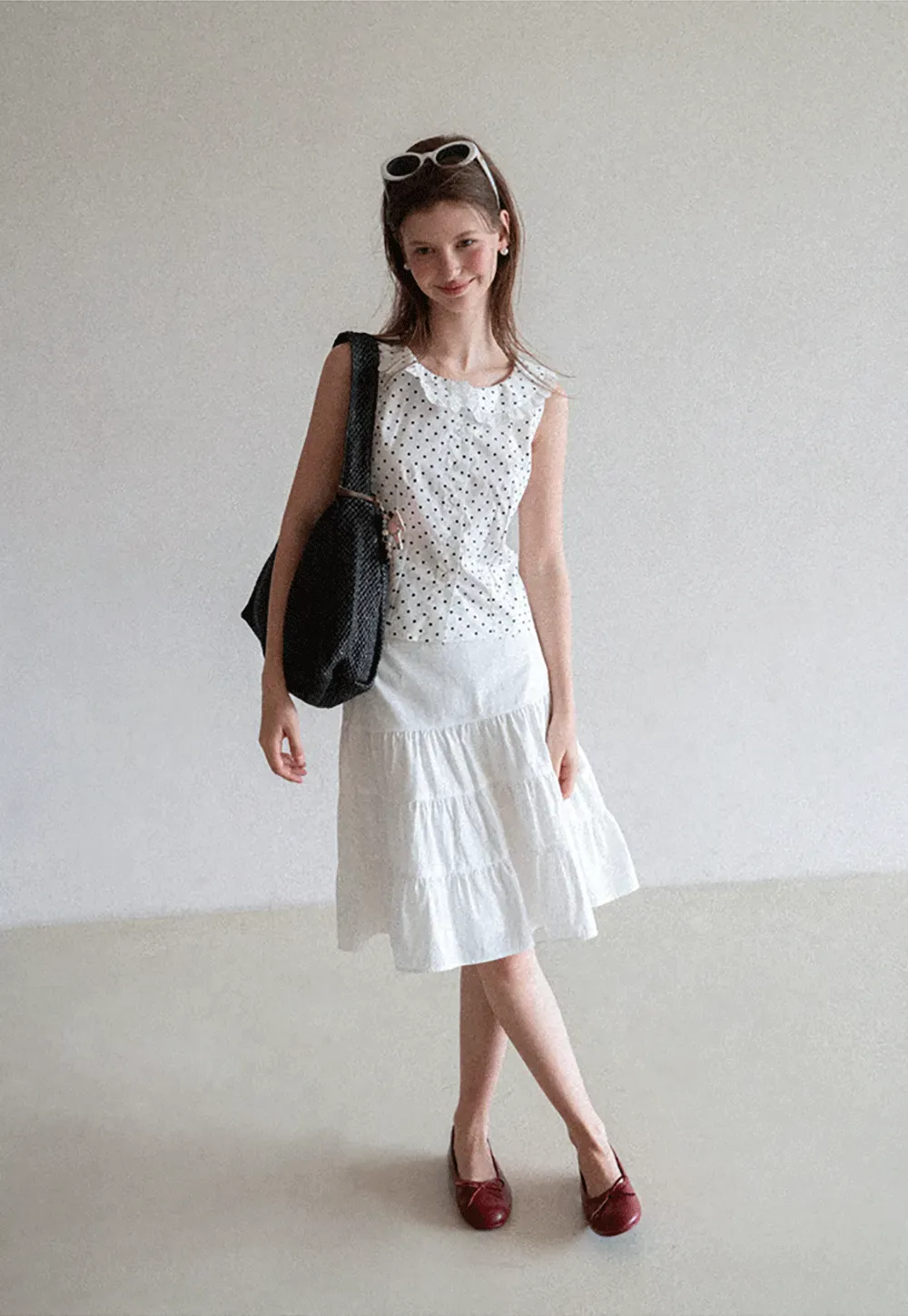 Polka Dot Sleeveless Top with Lace Collar