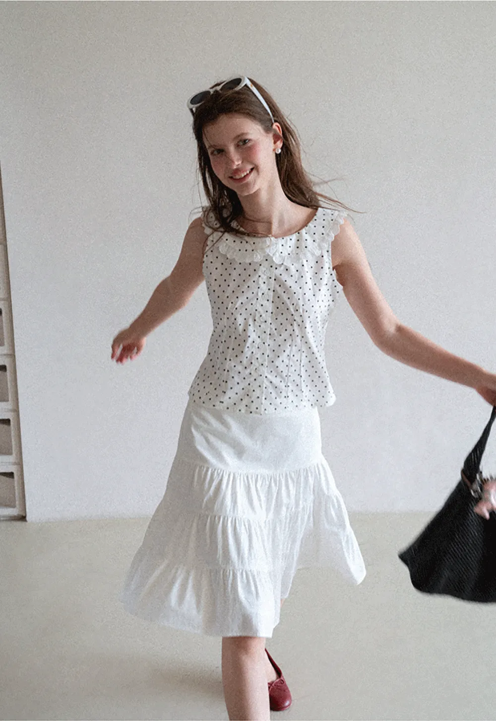 Polka Dot Sleeveless Top with Lace Collar