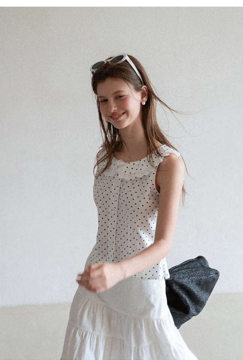 Polka Dot Sleeveless Top with Lace Collar