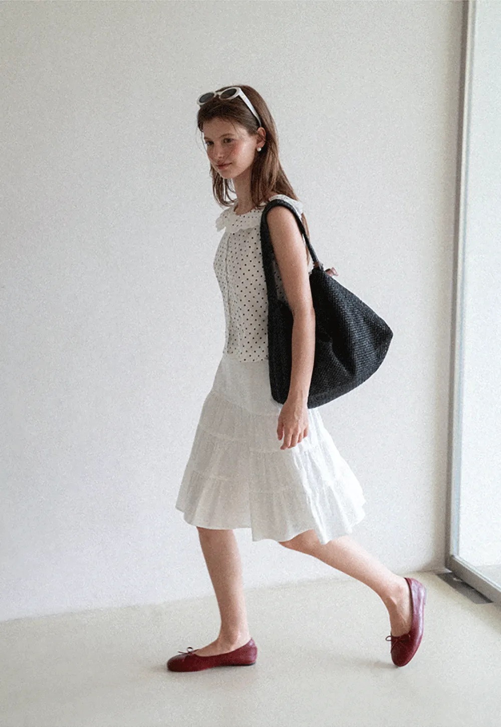 Polka Dot Sleeveless Top with Lace Collar