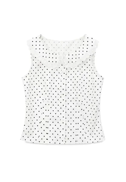 Polka Dot Sleeveless Top with Lace Collar