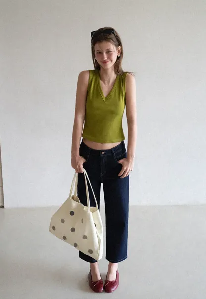 V Neck Ribbed Knit Cropped Tank Top