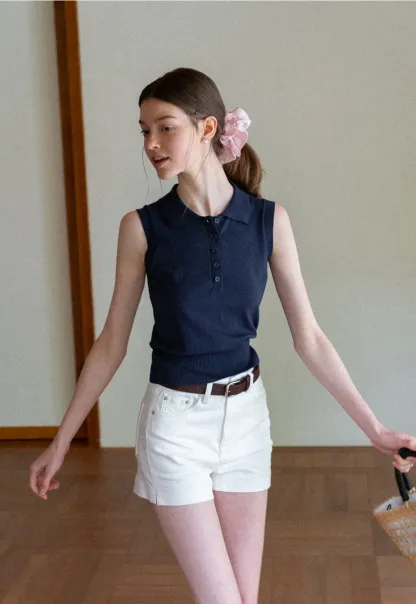 Polo Collar Sleeveless Knit Tank Top