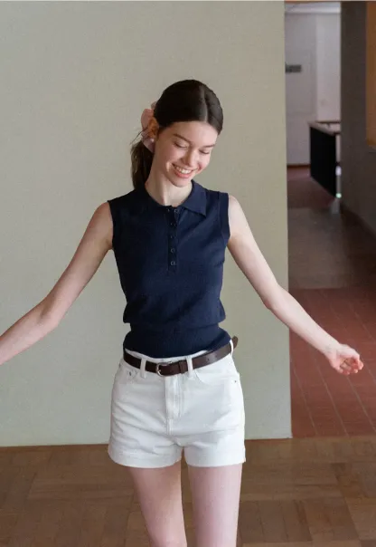 Polo Collar Sleeveless Knit Tank Top