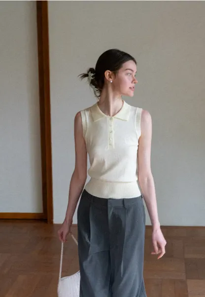Polo Collar Sleeveless Knit Tank Top