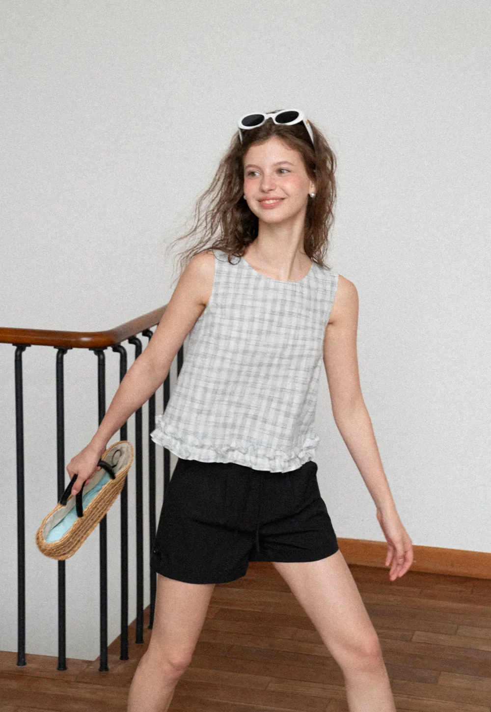 Plaid Pattern Ruffled Hem Sleeveless Tank Top