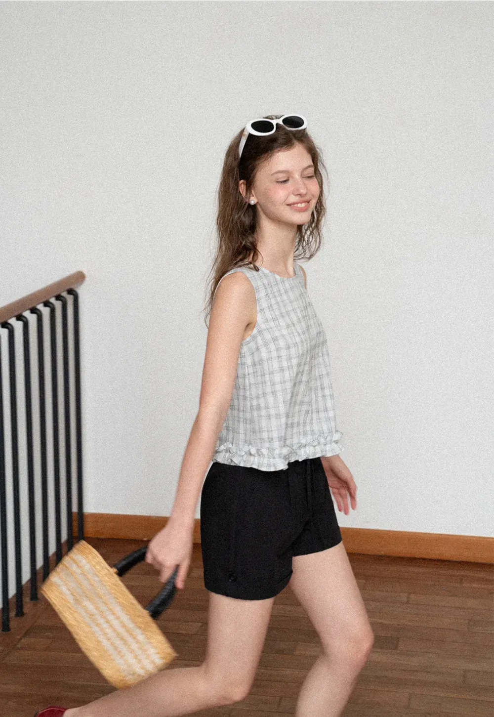 Plaid Pattern Ruffled Hem Sleeveless Tank Top