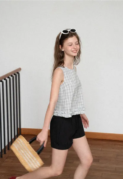 Plaid Pattern Ruffled Hem Sleeveless Tank Top