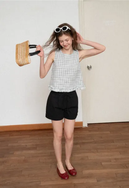 Plaid Pattern Ruffled Hem Sleeveless Tank Top