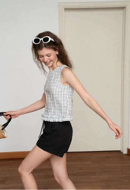 Plaid Pattern Ruffled Hem Sleeveless Tank Top
