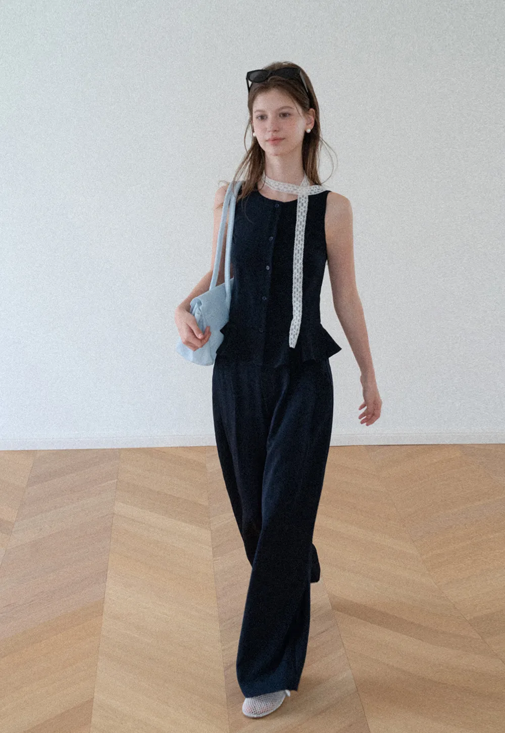Peplum Hem Button Front Tank Top Wide Leg Casual Pants