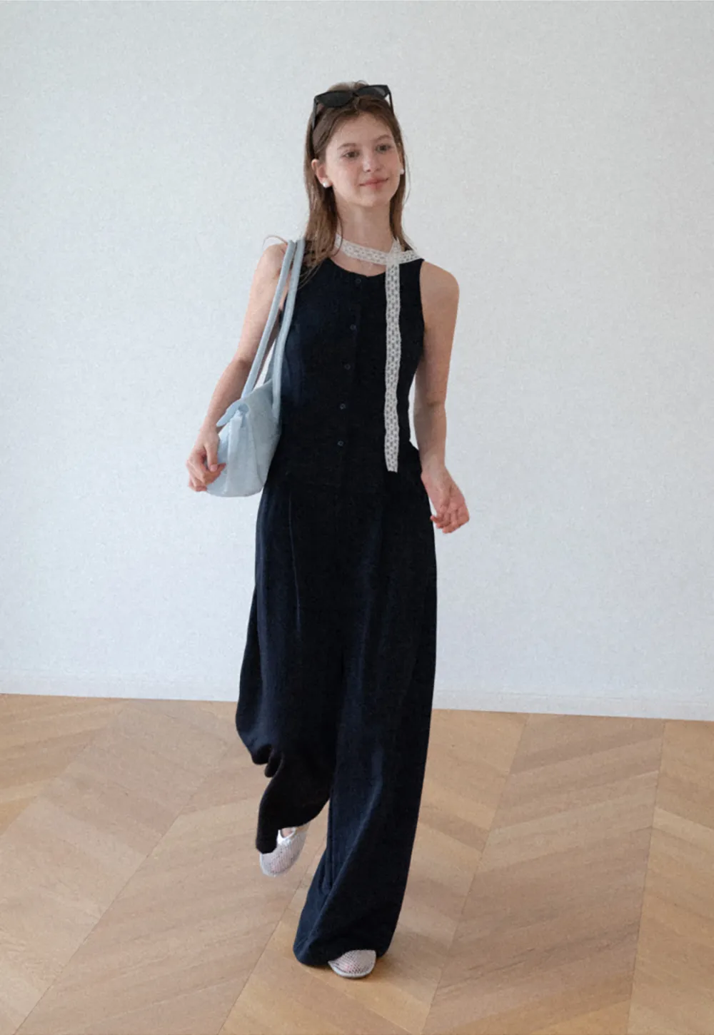 Peplum Hem Button Front Tank Top Wide Leg Casual Pants