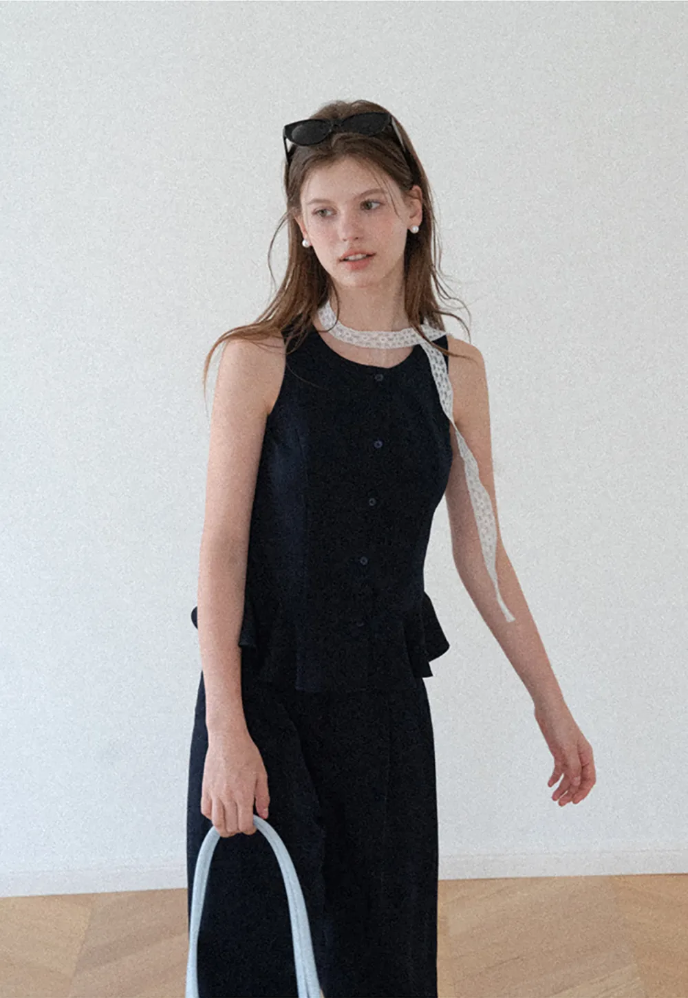 Peplum Hem Button Front Tank Top Wide Leg Casual Pants