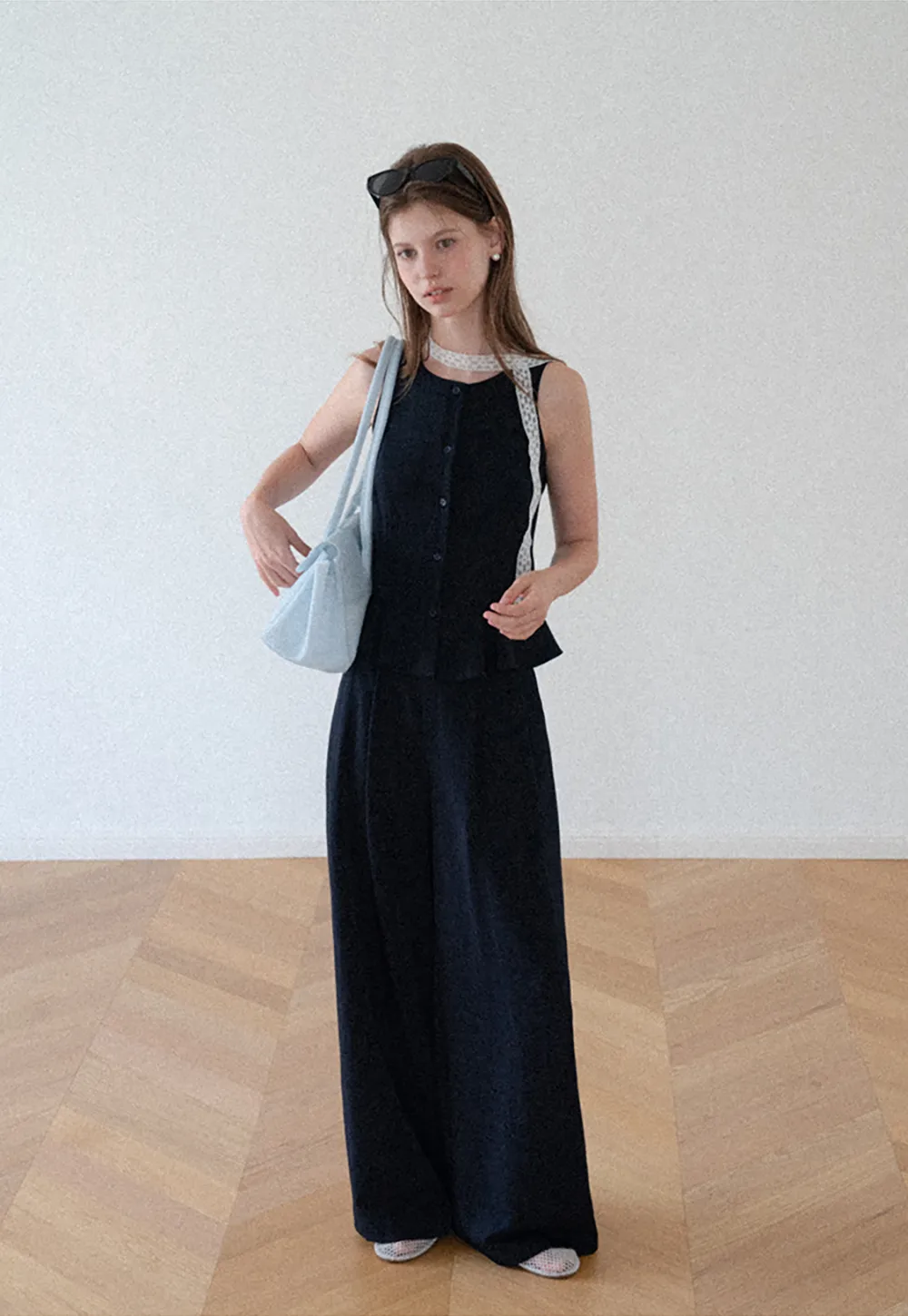 Peplum Hem Button Front Tank Top Wide Leg Casual Pants