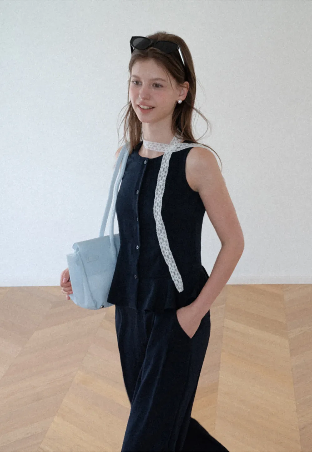 Peplum Hem Button Front Tank Top Wide Leg Casual Pants